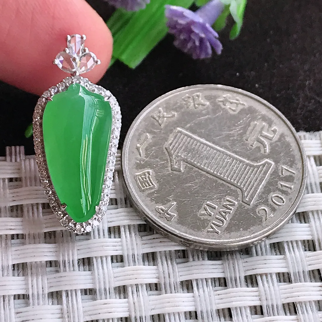 天然a货翡翠25.6/11/8老坑18k金镶嵌冰种阳绿福瓜吊坠翡翠玉坠挂件百搭