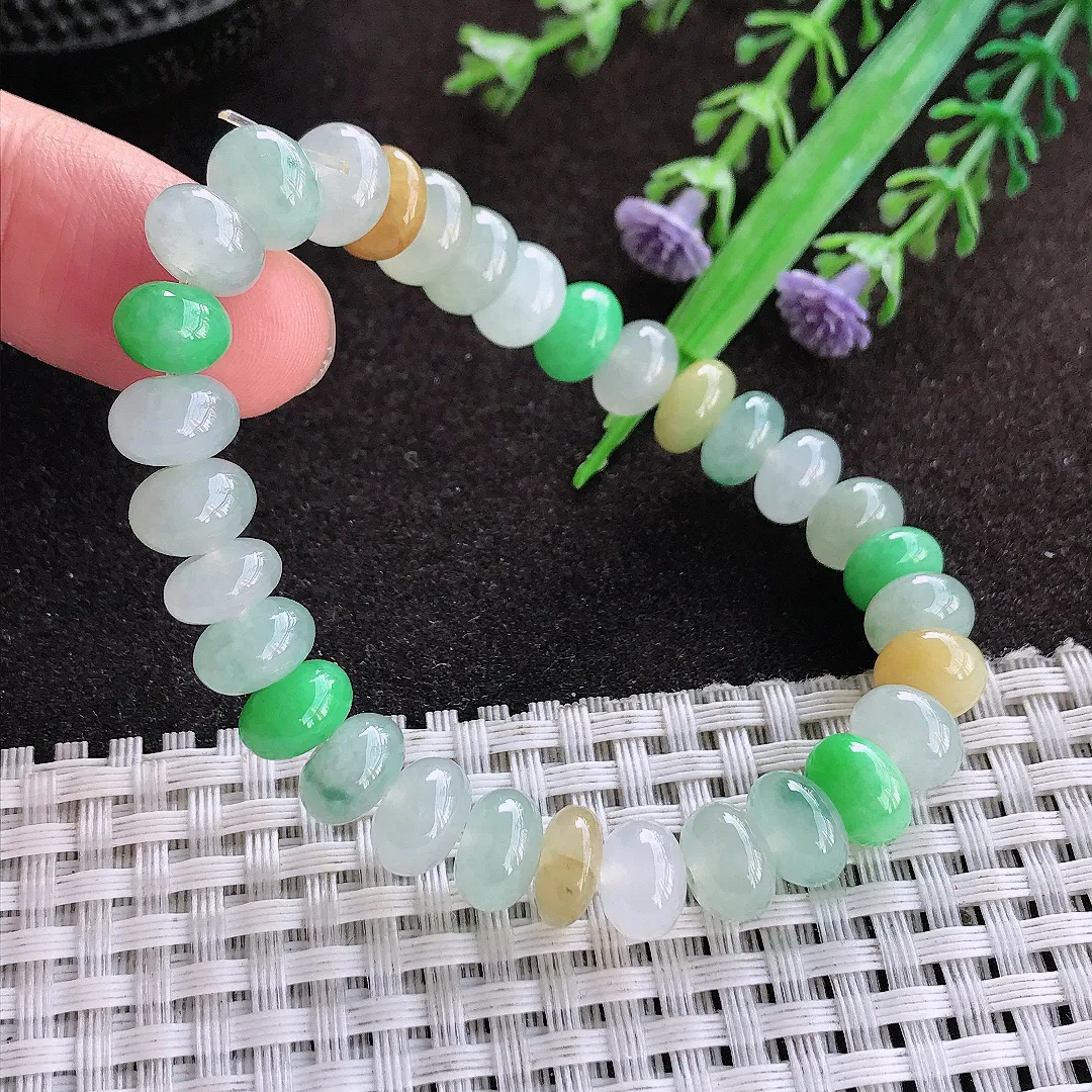 天然a货翡翠8.8/5.3/31颗老坑冰润水灵三彩鼓珠手串女款手链