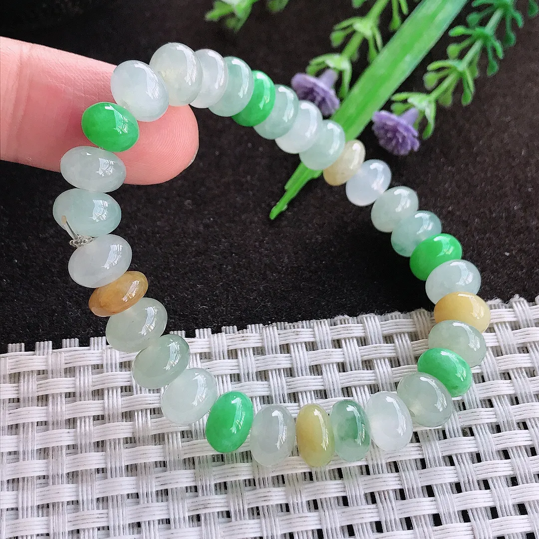 天然a货翡翠8.8/5.3/31颗老坑冰润水灵三彩鼓珠手串女款手链