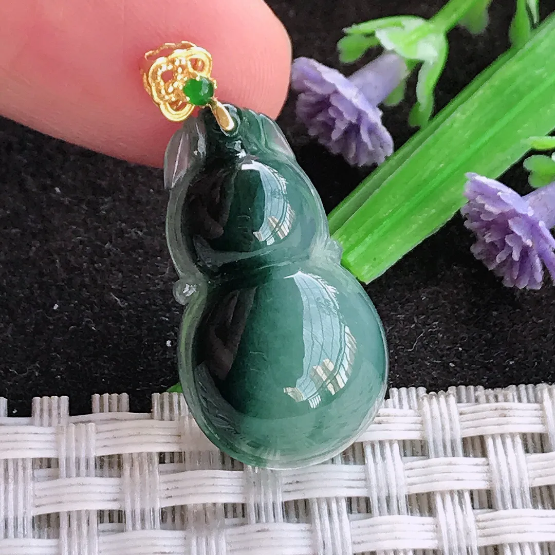 天然a货翡翠25/14.5/6老坑18k金镶嵌冰润飘花葫芦吊坠翡翠玉坠挂件百搭