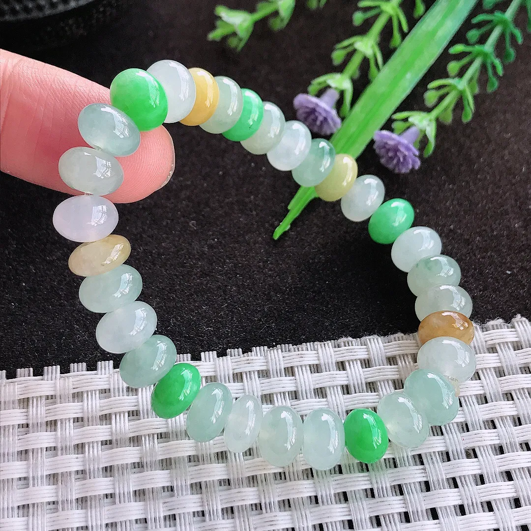 天然a货翡翠8.8/5.3/31颗老坑冰润水灵三彩鼓珠手串女款手链