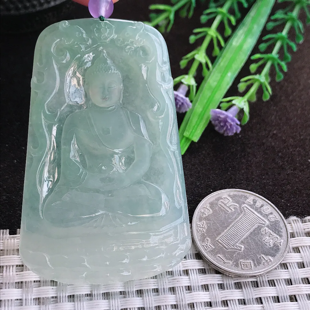 天然a货翡翠62.5/41.5/5老坑冰胶水灵冰晴大日如来佛吊坠翡翠玉坠挂件百搭
