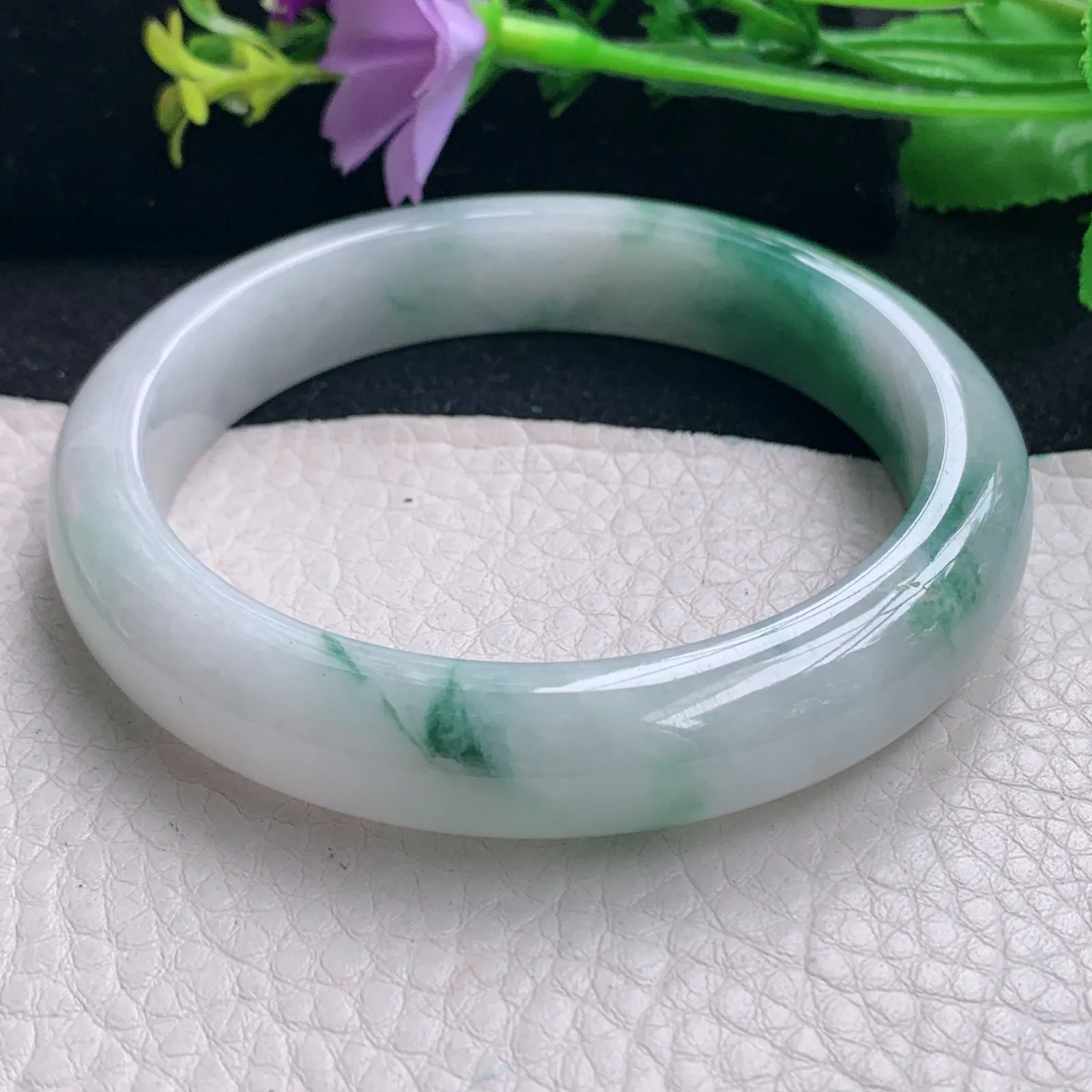 fl大圈口61.5*12.8*8.5平安镯 缅甸翡翠a货飘花宽边玉手镯 玉手环