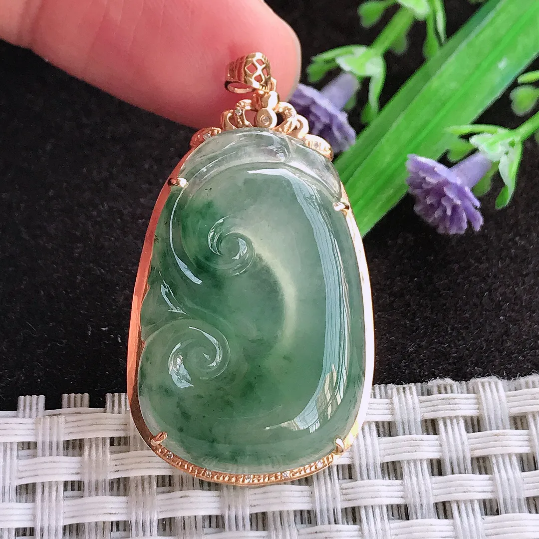 天然a货翡翠40/22.2/7老坑18k金镶嵌冰种飘花如意吊坠翡翠玉坠挂件百搭