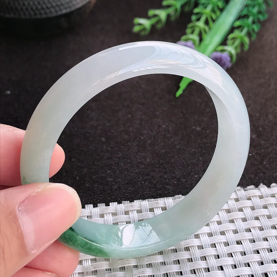 天然a货翡翠53/12.2/6.5老坑冰润起胶飘花手镯宽边翡翠玉镯美人镯