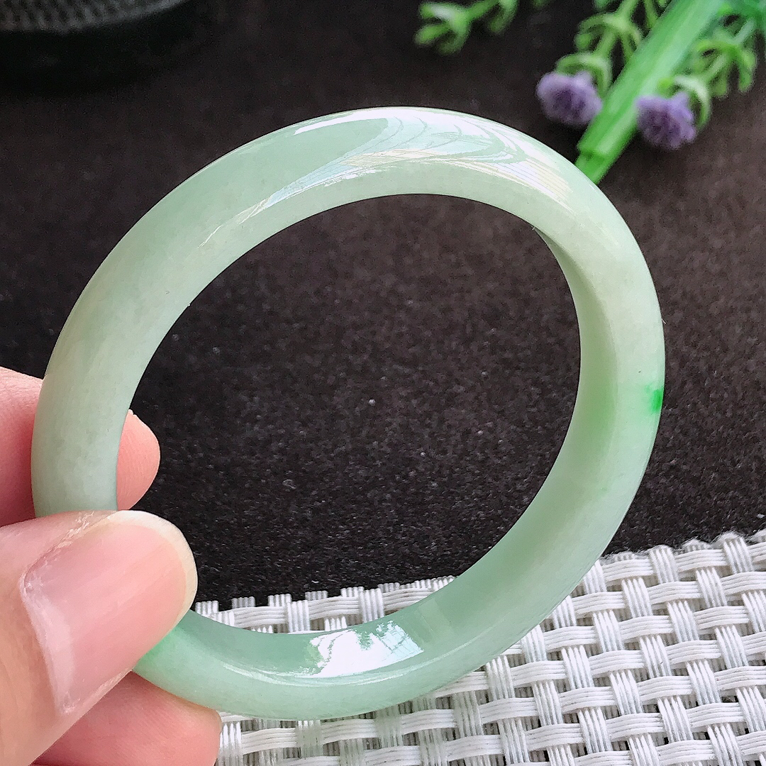 天然a货翡翠50.5/9.5/7小圈口老坑精美飘阳绿手镯宽边翡翠玉镯美人镯