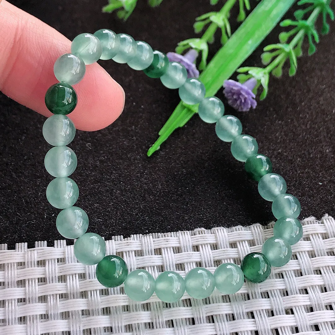 天然a货翡翠6.2/28颗老坑冰胶果冻飘花玉珠手链