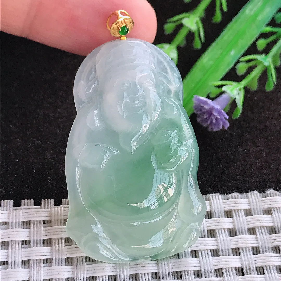 天然a货翡翠43.8/27.5/4.8老坑18k金镶嵌冰冰胶果冻飘绿财神爷吊坠翡翠玉坠挂件