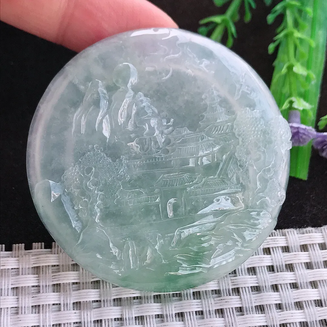 天然a货翡翠55.5/6老坑冰透起胶山水牌圆牌吊坠翡翠玉坠挂件百搭