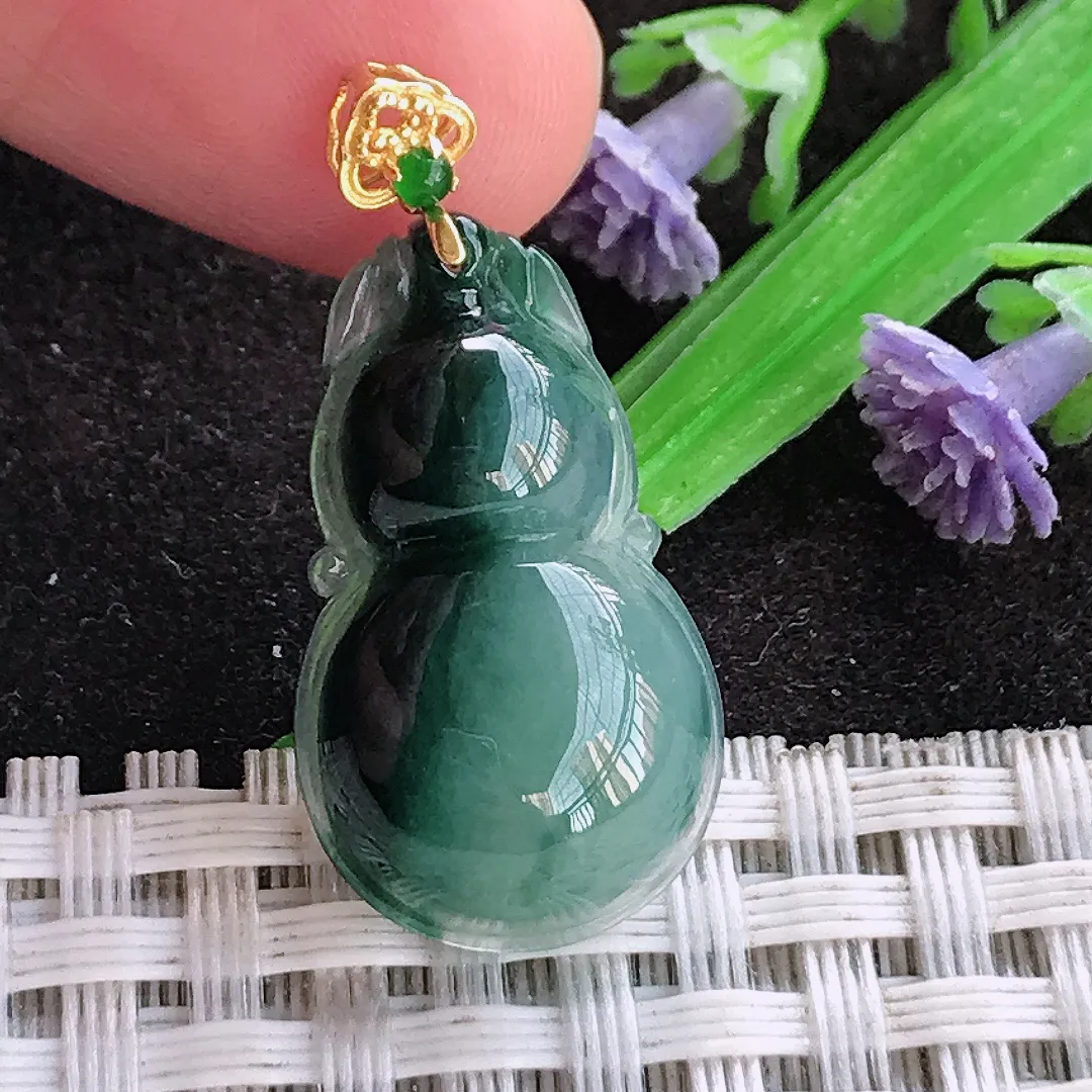 天然a货翡翠25/14.5/6老坑18k金镶嵌冰润飘花葫芦吊坠翡翠玉坠挂件百搭