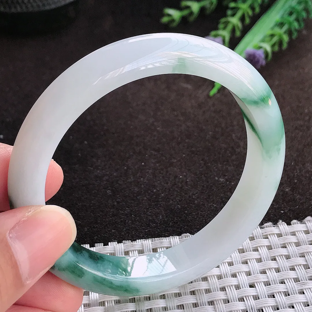 天然a货翡翠56/11.2/7.8老坑冰润水灵飘花手镯宽边翡翠玉镯美人镯