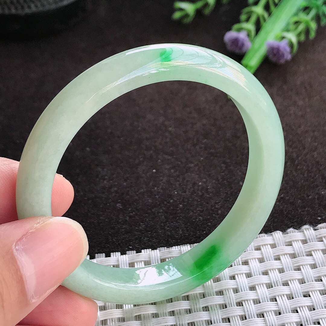 天然a货翡翠50.5/9.5/7小圈口老坑精美飘阳绿手镯宽边翡翠玉镯美人镯