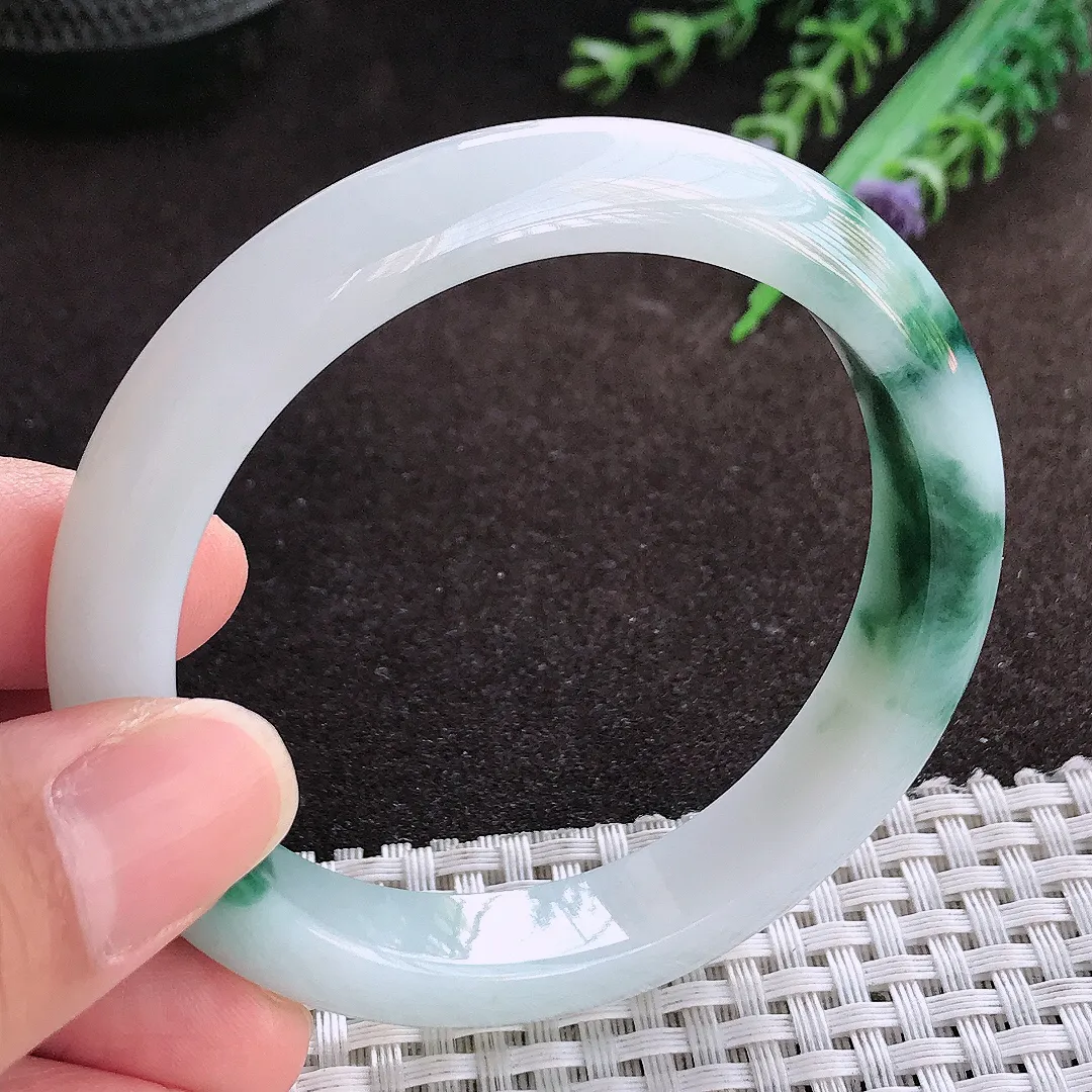 天然a货翡翠56/11.2/7.8老坑冰润水灵飘花手镯宽边翡翠玉镯美人镯