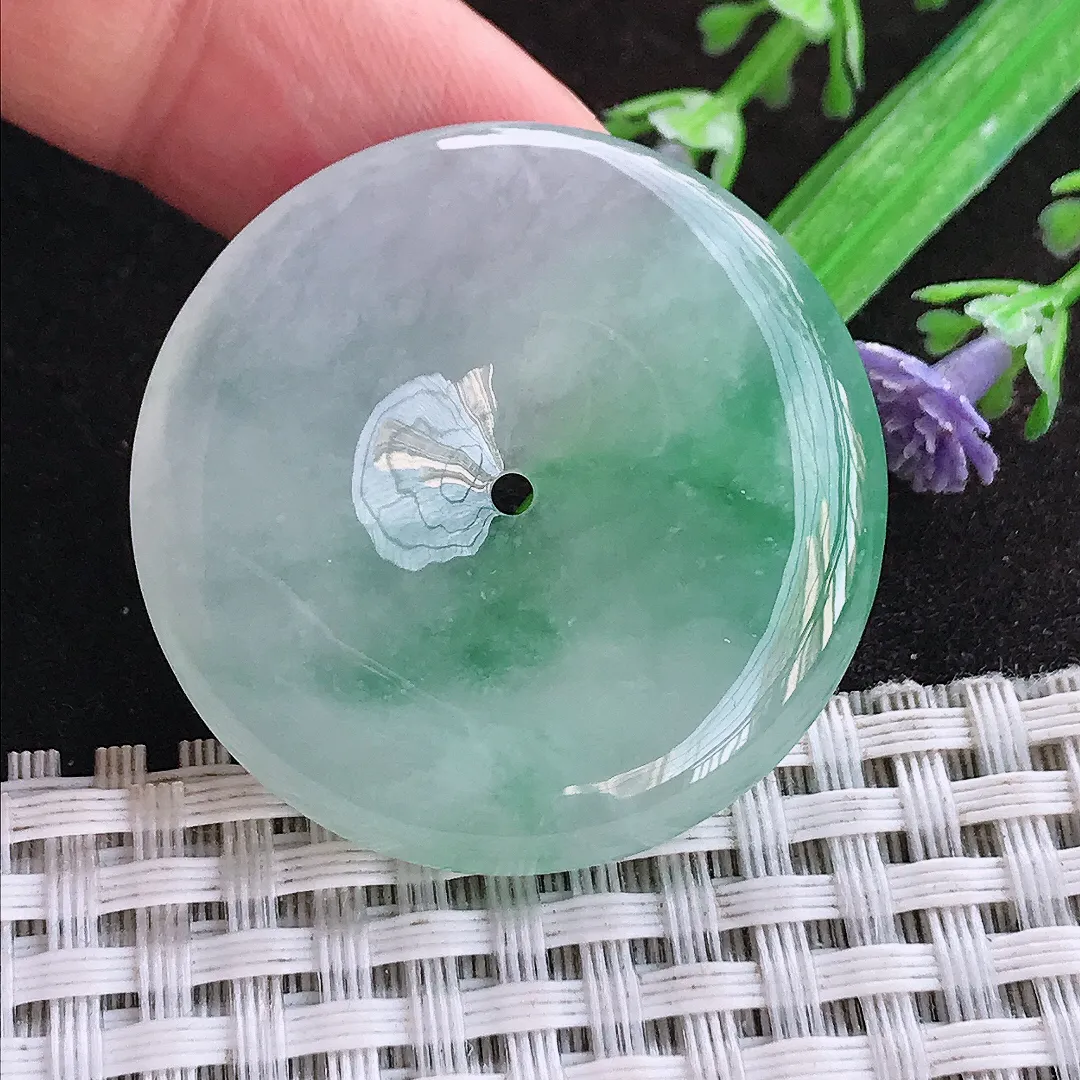 天然a货翡翠36/6.3老坑冰胶飘绿平安扣吊坠翡翠玉坠挂件百搭