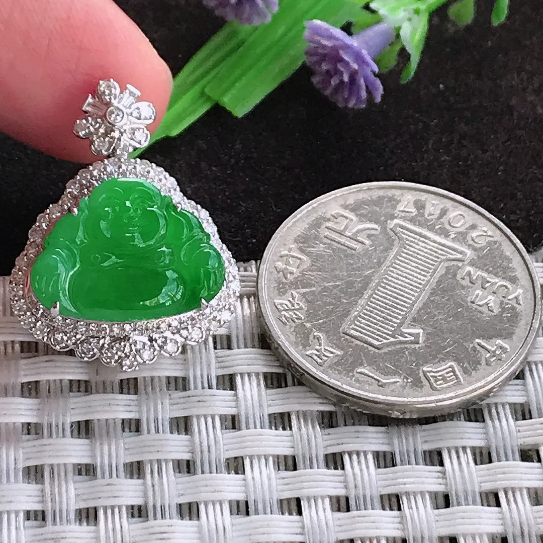 天然a货翡翠25.2/19.3/9.3老坑18k金镶嵌冰阳绿佛公吊坠翡翠玉坠挂件百搭