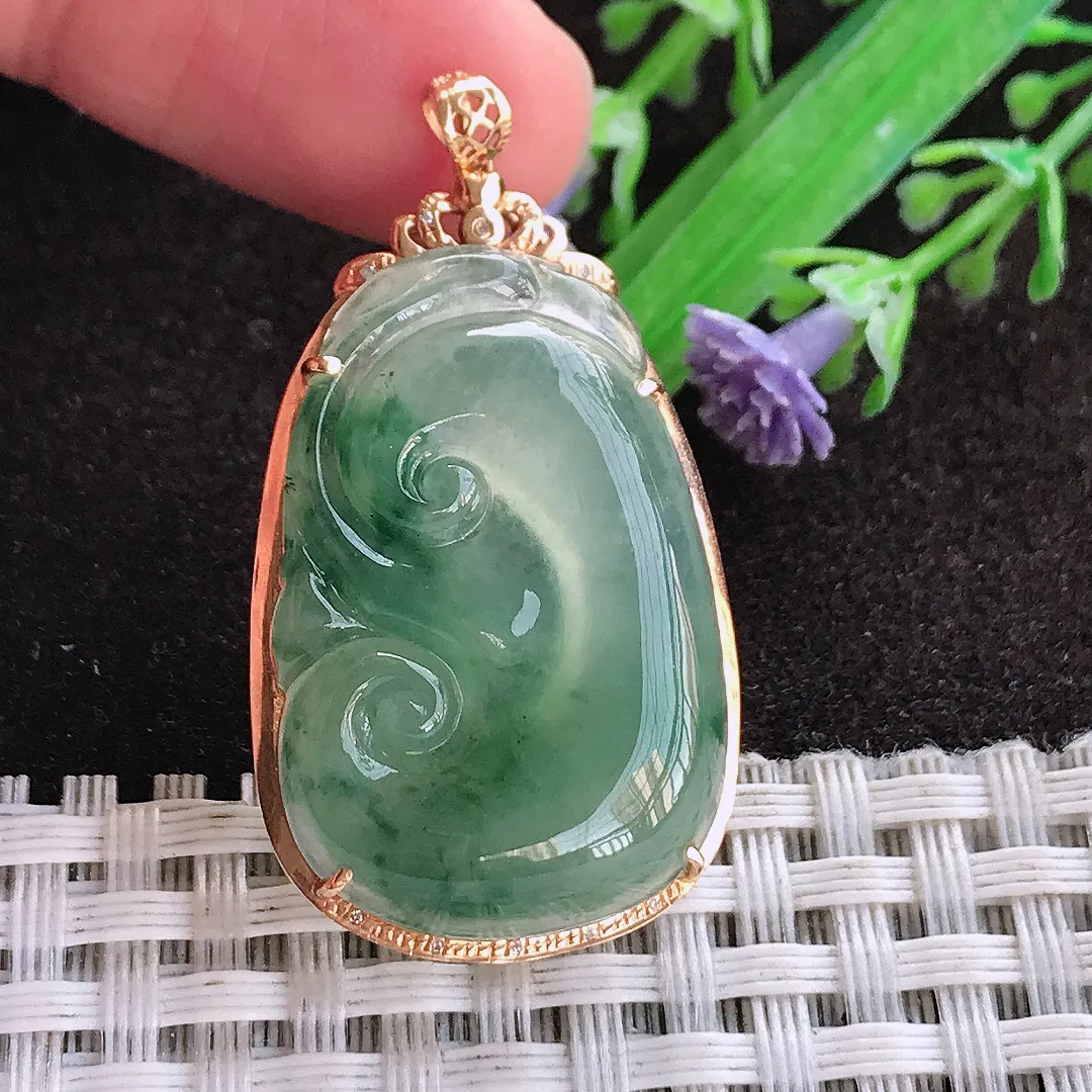 天然a货翡翠40/22.2/7老坑18k金镶嵌冰种飘花如意吊坠翡翠玉坠挂件百搭