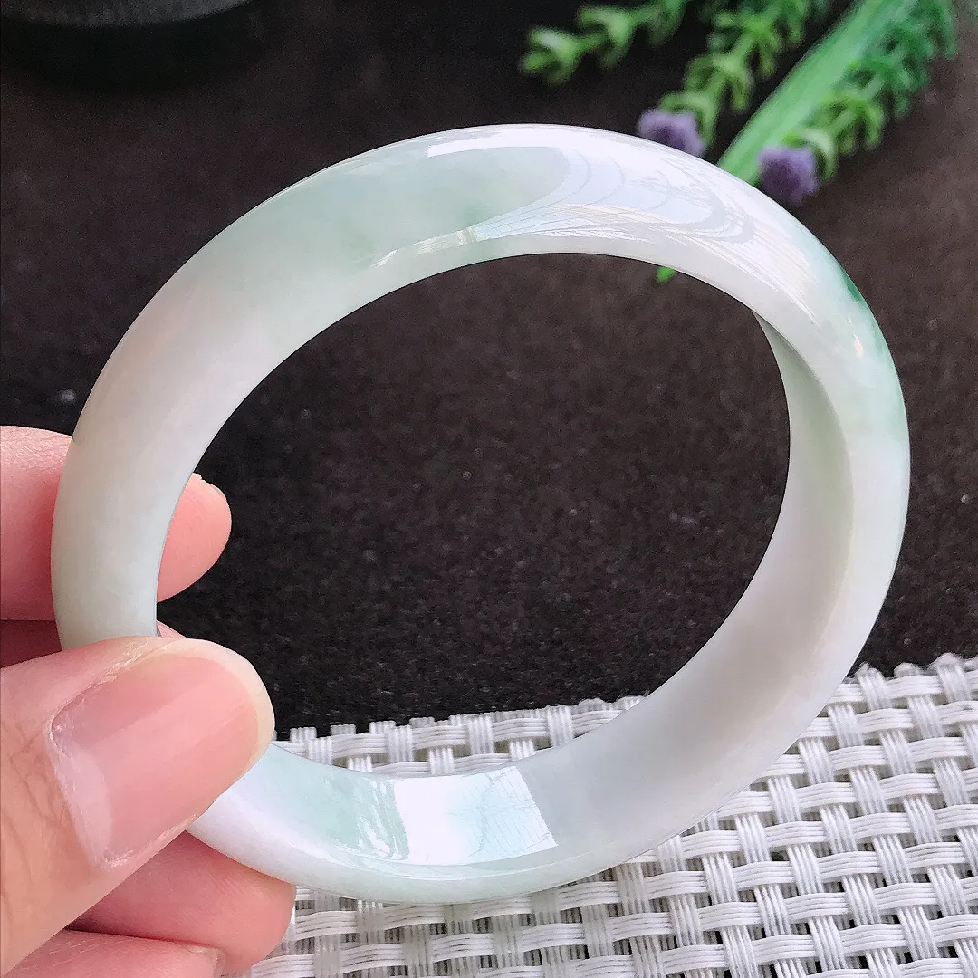 天然a货翡翠59/15/7.5老坑清秀温润飘花手镯宽边翡翠玉镯美人镯