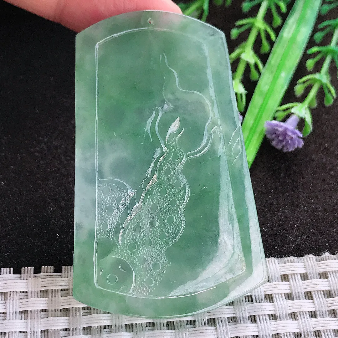 天然a货翡翠61.5/39/5.2老坑冰胶果冻冰晴满绿龙牌吊坠翡翠玉坠挂件百搭