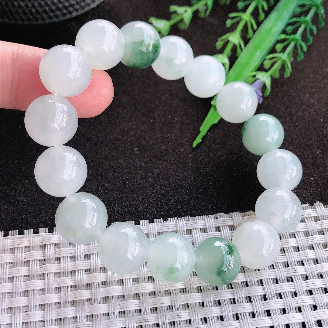 天然a货翡翠12.6/16颗老坑冰胶果冻飘花玉珠手链男女手串