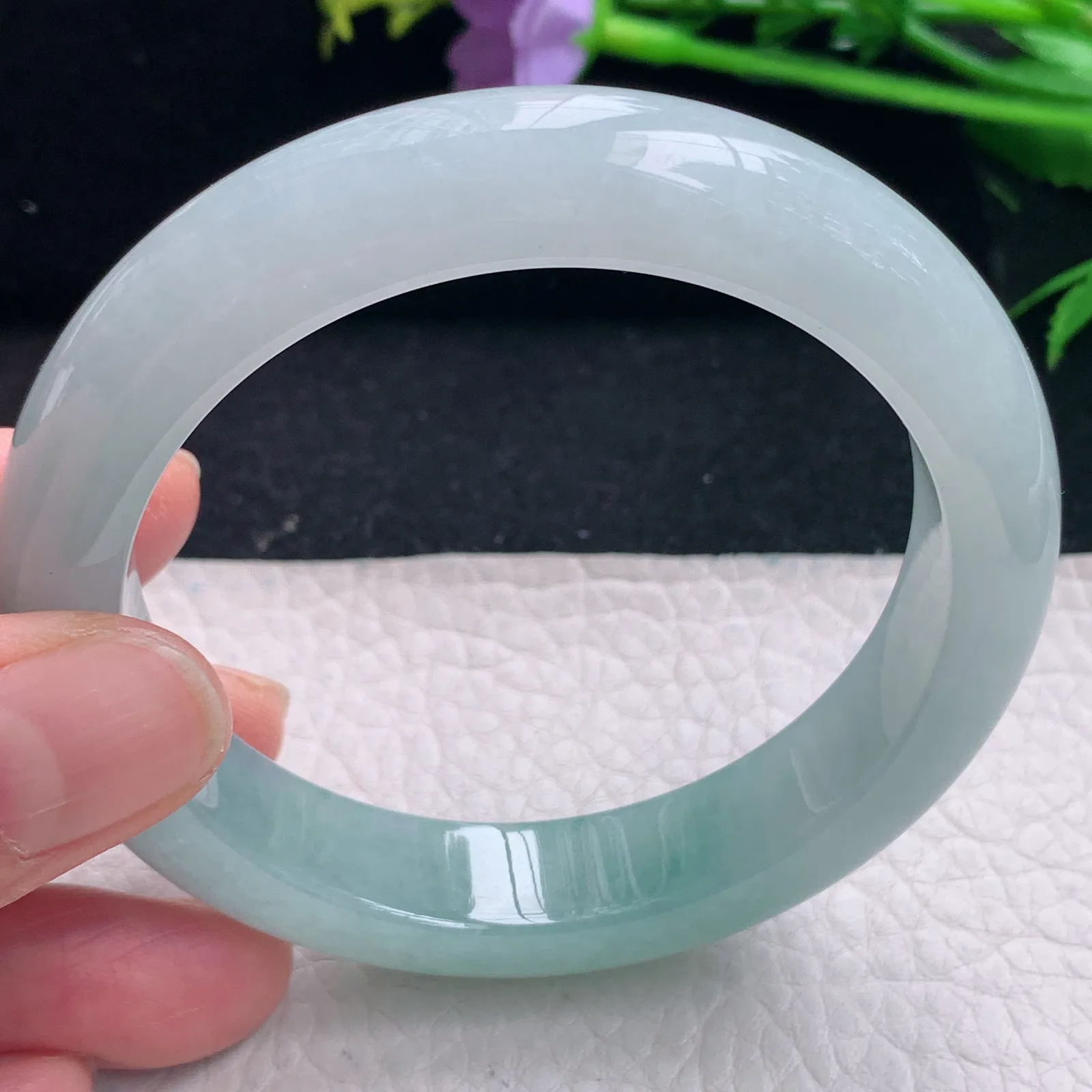 r自然光57*12.5*9平安镯 缅甸翡翠a货冰蓝半山水宽边玉手镯 玉手环