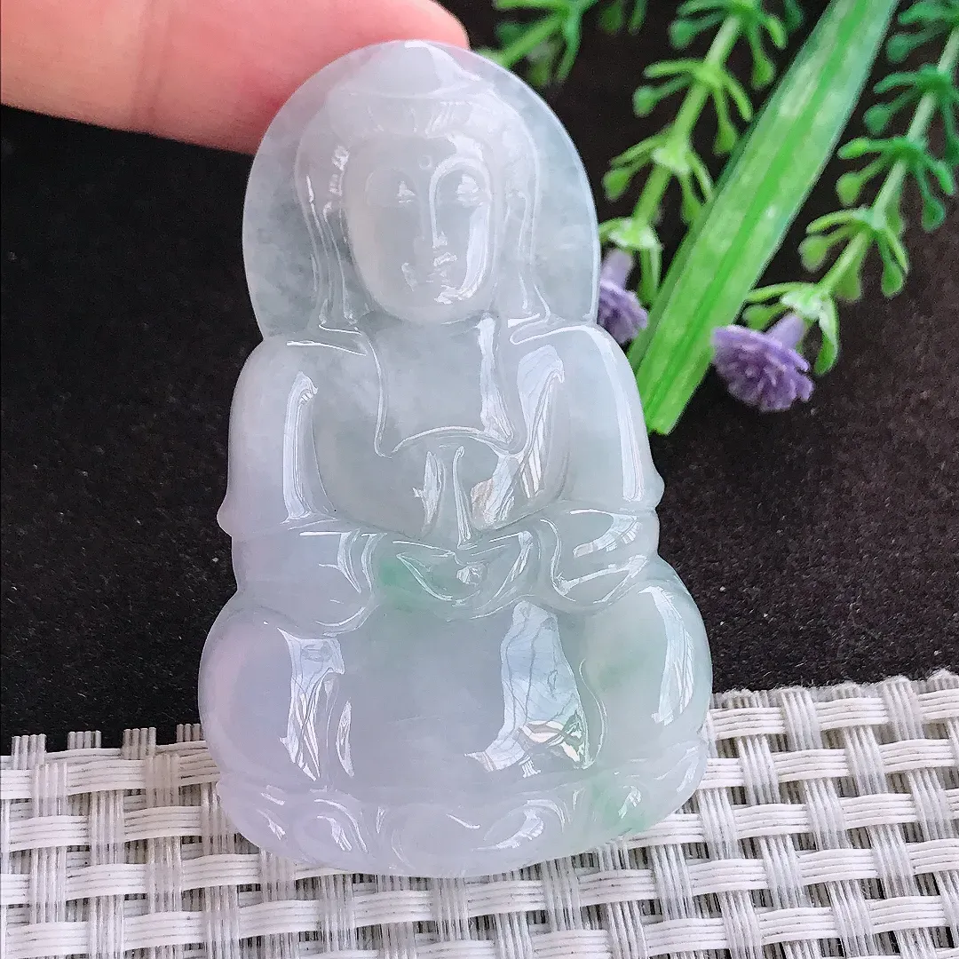 天然a货翡翠63/38/5.8老坑冰润起胶正装观音吊坠翡翠玉坠挂件百搭