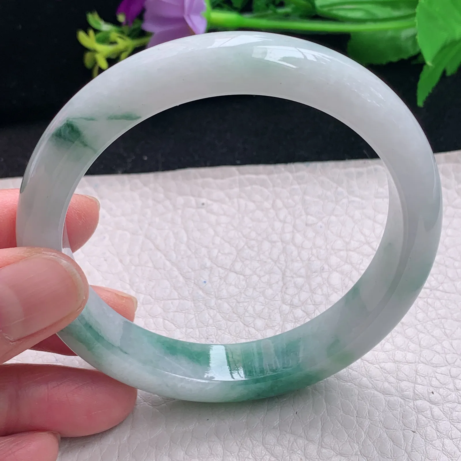 fl大圈口61.5*12.8*8.5平安镯 缅甸翡翠a货飘花宽边玉手镯 玉手环