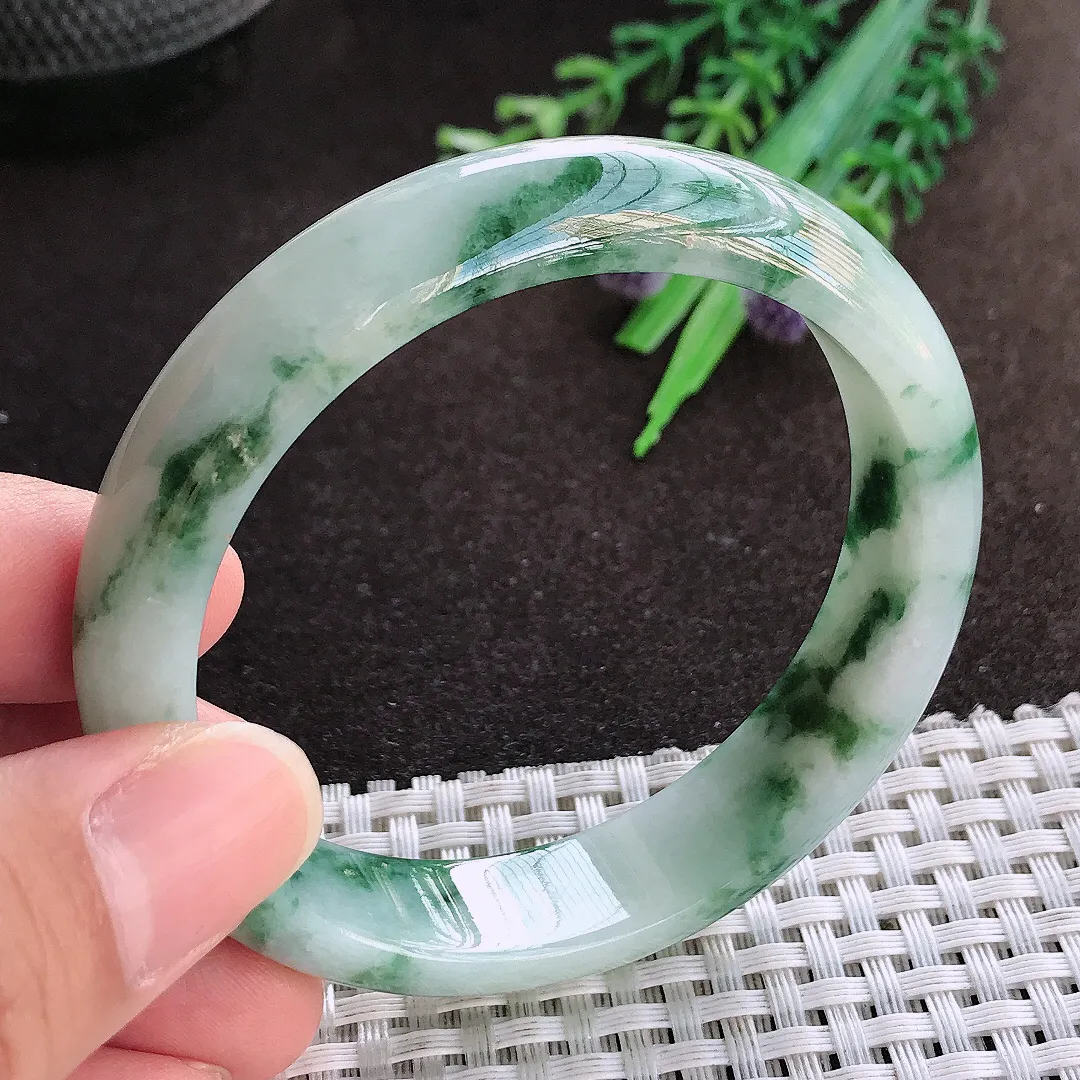天然a货翡翠55.5/13.1/7.2老坑精美温润飘花手镯宽边翡翠玉镯美人镯