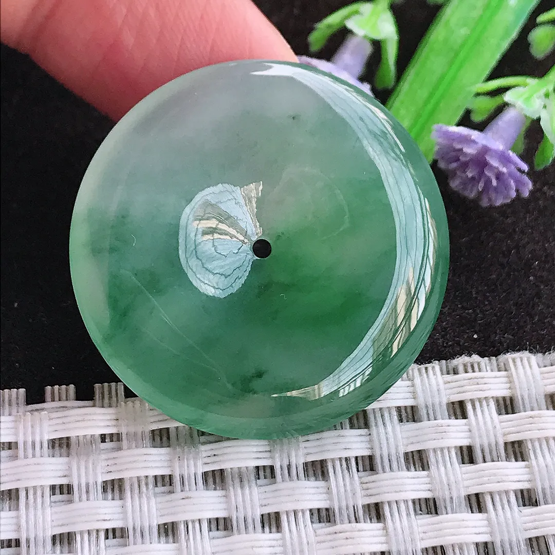 天然a货翡翠31.2/5.8老坑冰胶果冻飘花平安扣吊坠翡翠玉扣挂件百搭