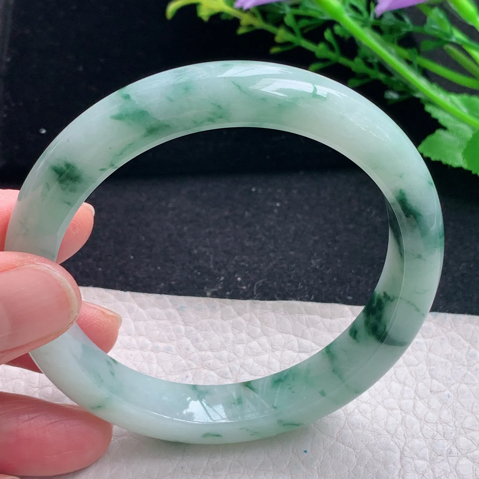 hy大圈口60*11.8*8.5平安镯 缅甸翡翠a货飘花宽边玉手镯 玉手环