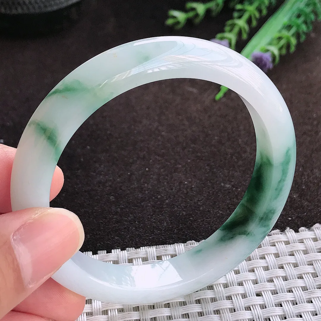 天然a货翡翠56/11.2/7.8老坑冰润水灵飘花手镯宽边翡翠玉镯美人镯