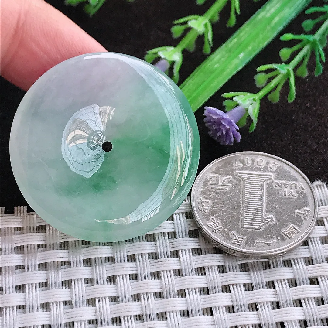 天然a货翡翠36/6.3老坑冰胶飘绿平安扣吊坠翡翠玉坠挂件百搭