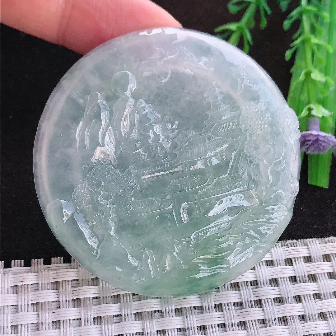 天然a货翡翠55.5/6老坑冰透起胶山水牌圆牌吊坠翡翠玉坠挂件百搭