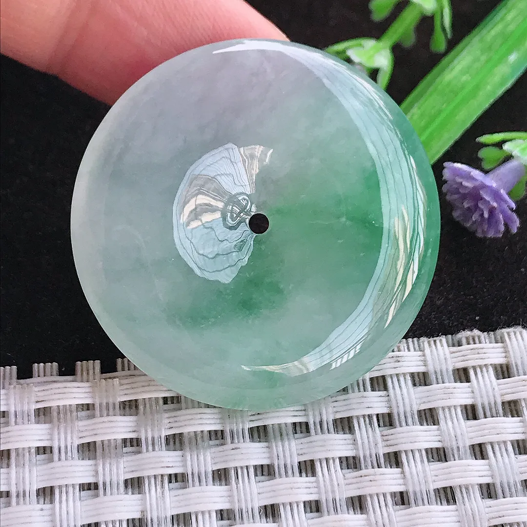 天然a货翡翠36/6.3老坑冰胶飘绿平安扣吊坠翡翠玉坠挂件百搭