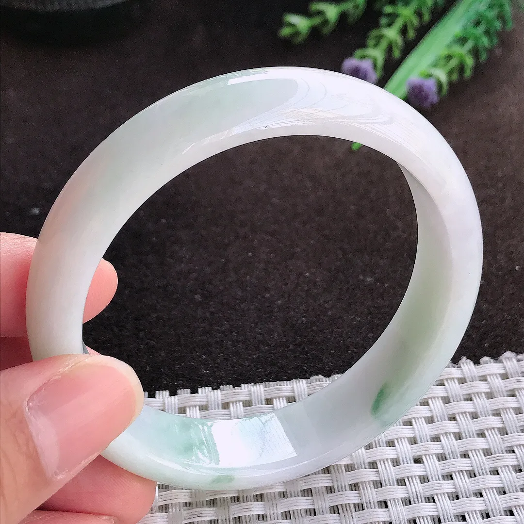 天然a货翡翠59/15/7.5老坑清秀温润飘花手镯宽边翡翠玉镯美人镯