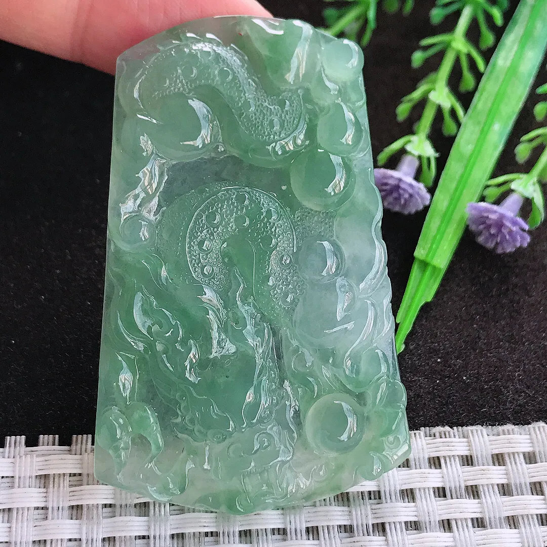 天然a货翡翠61.5/39/5.2老坑冰胶果冻冰晴满绿龙牌吊坠翡翠玉坠挂件百搭