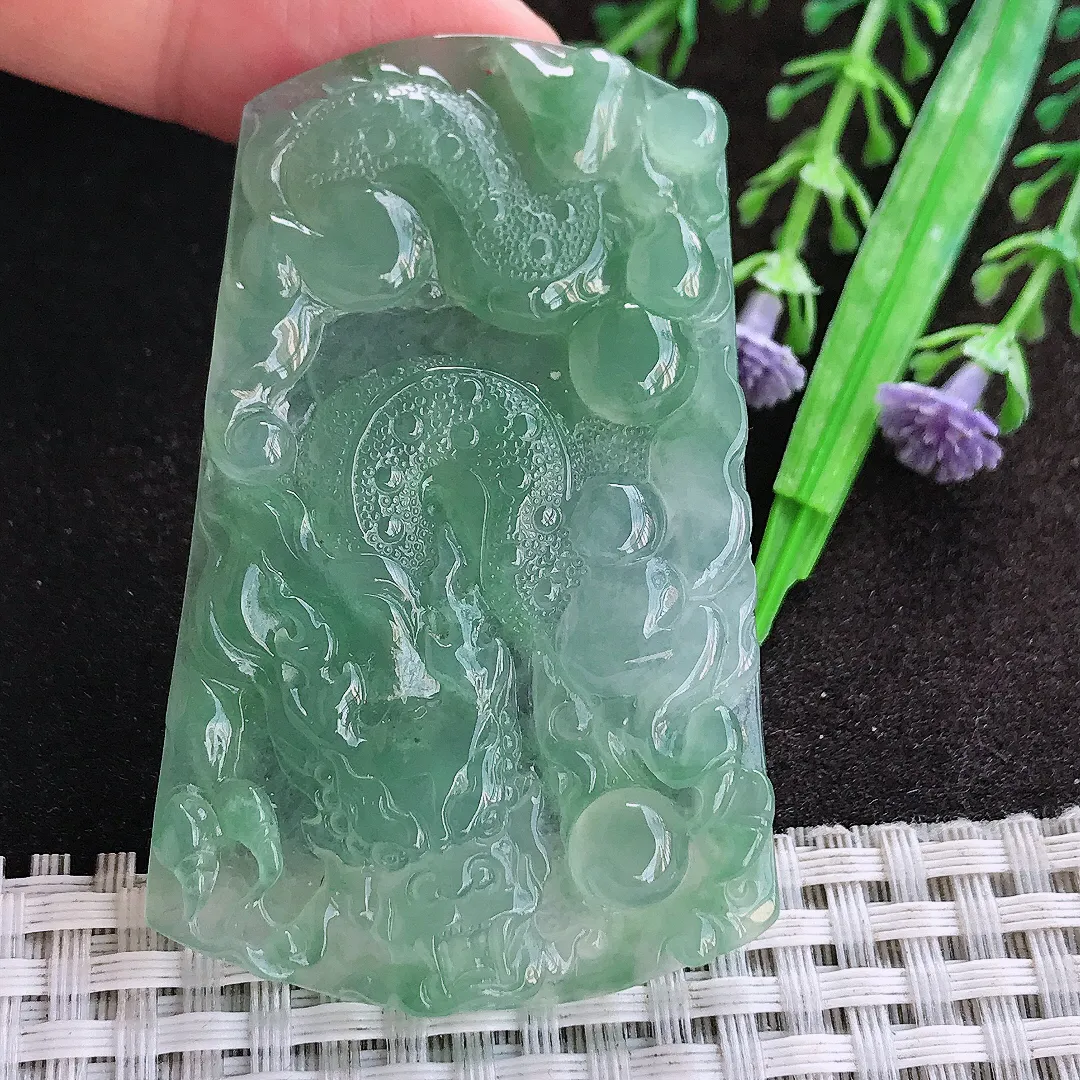 天然a货翡翠61.5/39/5.2老坑冰胶果冻冰晴满绿龙牌吊坠翡翠玉坠挂件百搭