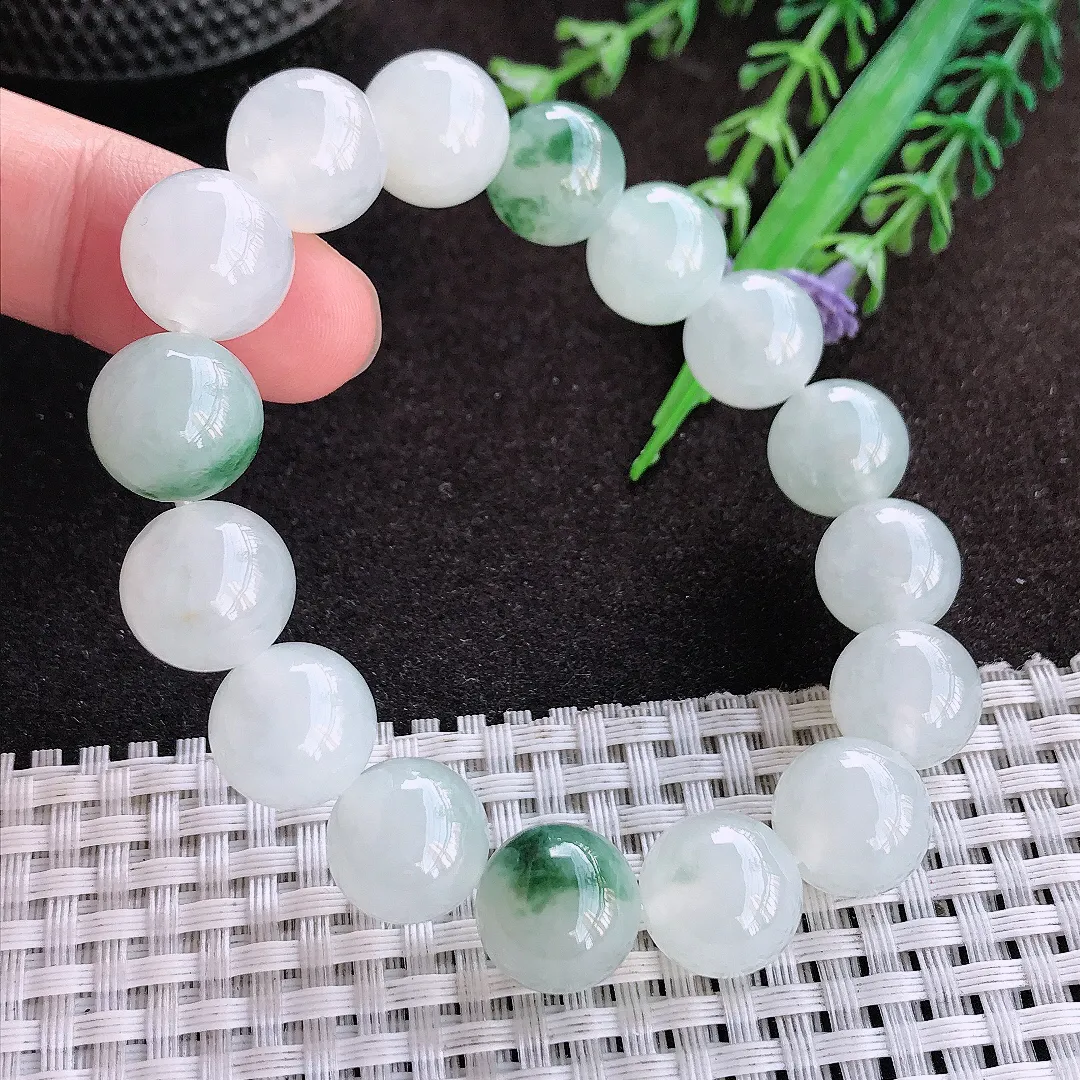 天然a货翡翠12.6/16颗老坑冰胶果冻飘花玉珠手链男女手串