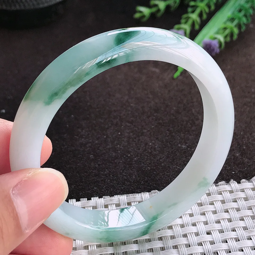 天然a货翡翠56/11.2/7.8老坑冰润水灵飘花手镯宽边翡翠玉镯美人镯
