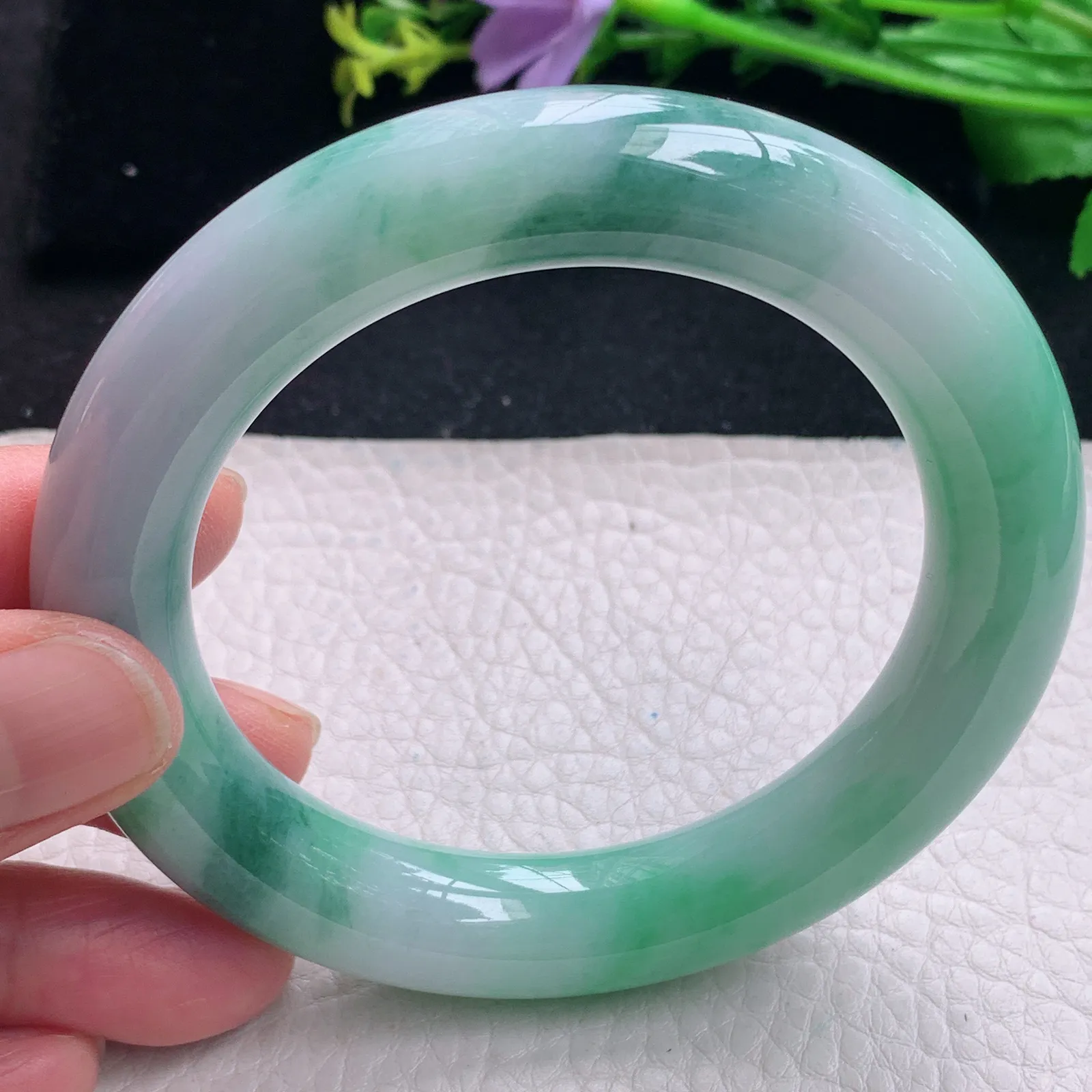 xc自然光58*12胖圆镯 缅甸翡翠a货飘花大气圆条玉手镯 玉手环