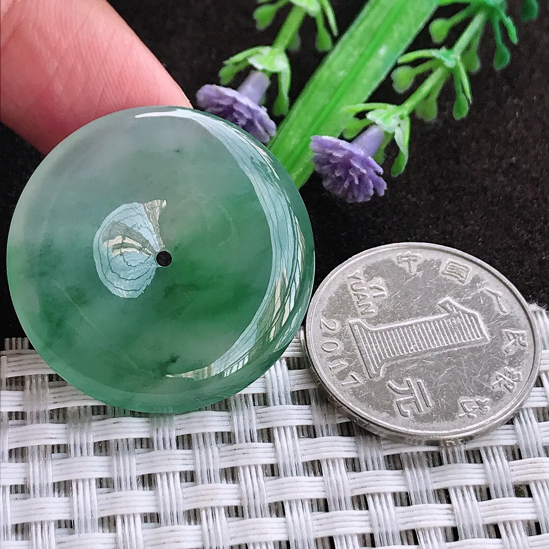 天然a货翡翠31.2/5.8老坑冰胶果冻飘花平安扣吊坠翡翠玉扣挂件百搭