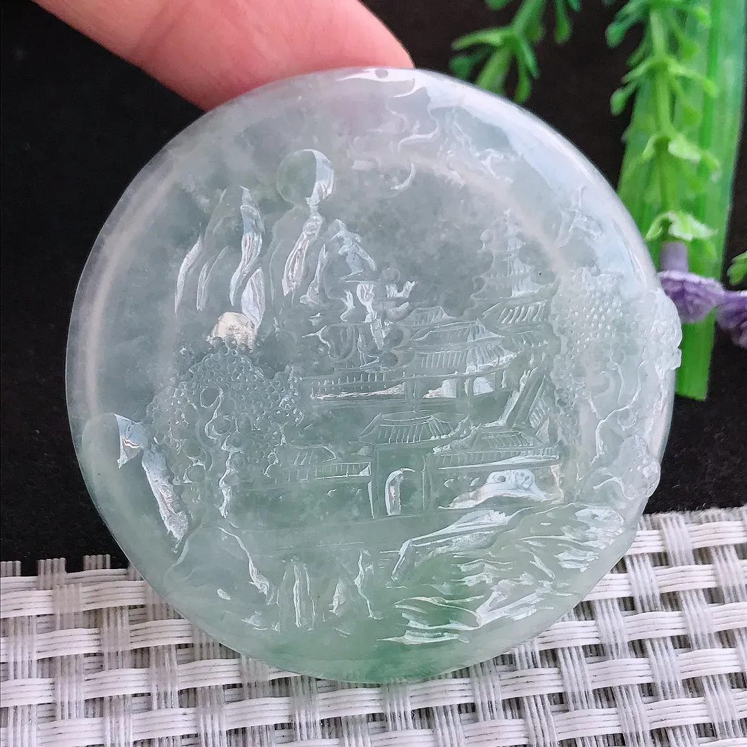 天然a货翡翠55.5/6老坑冰透起胶山水牌圆牌吊坠翡翠玉坠挂件百搭