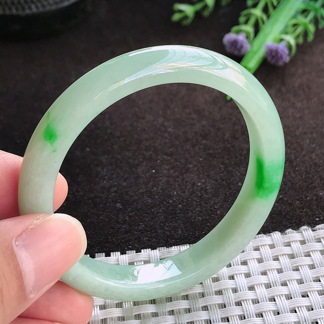 天然a货翡翠50.5/9.5/7小圈口老坑精美飘阳绿手镯宽边翡翠玉镯美人镯