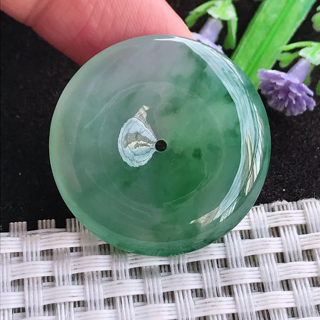 天然a货翡翠31.2/5.8老坑冰胶果冻飘花平安扣吊坠翡翠玉扣挂件百搭