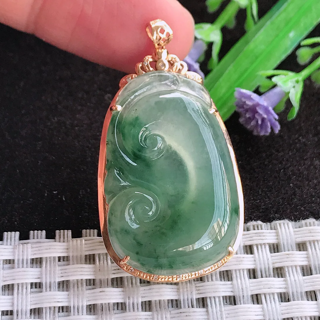 天然a货翡翠40/22.2/7老坑18k金镶嵌冰种飘花如意吊坠翡翠玉坠挂件百搭