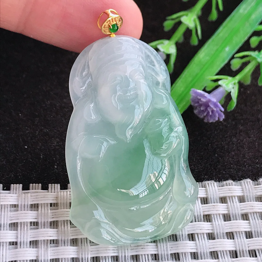 天然a货翡翠43.8/27.5/4.8老坑18k金镶嵌冰冰胶果冻飘绿财神爷吊坠翡翠玉坠挂件