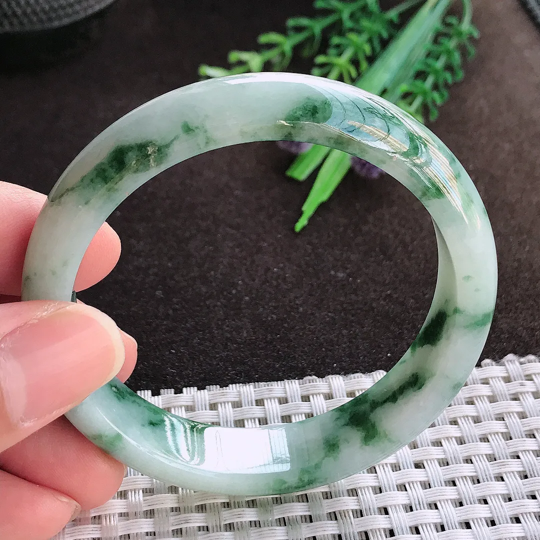 天然a货翡翠55.5/13.1/7.2老坑精美温润飘花手镯宽边翡翠玉镯美人镯