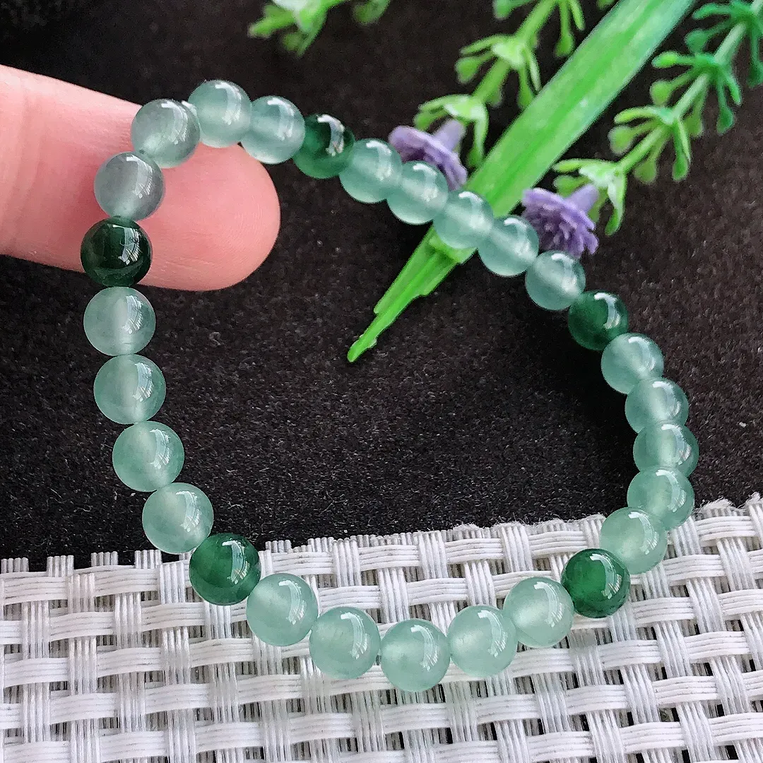 天然a货翡翠6.2/28颗老坑冰胶果冻飘花玉珠手链