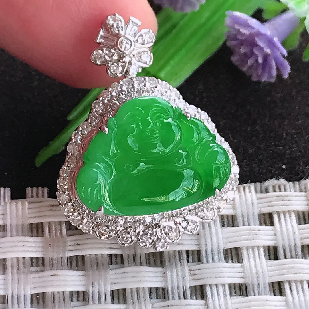 天然a货翡翠25.2/19.3/9.3老坑18k金镶嵌冰阳绿佛公吊坠翡翠玉坠挂件百搭