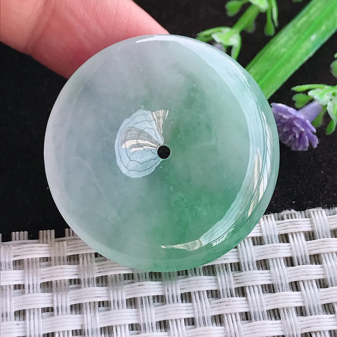 天然a货翡翠36/6.3老坑冰胶飘绿平安扣吊坠翡翠玉坠挂件百搭