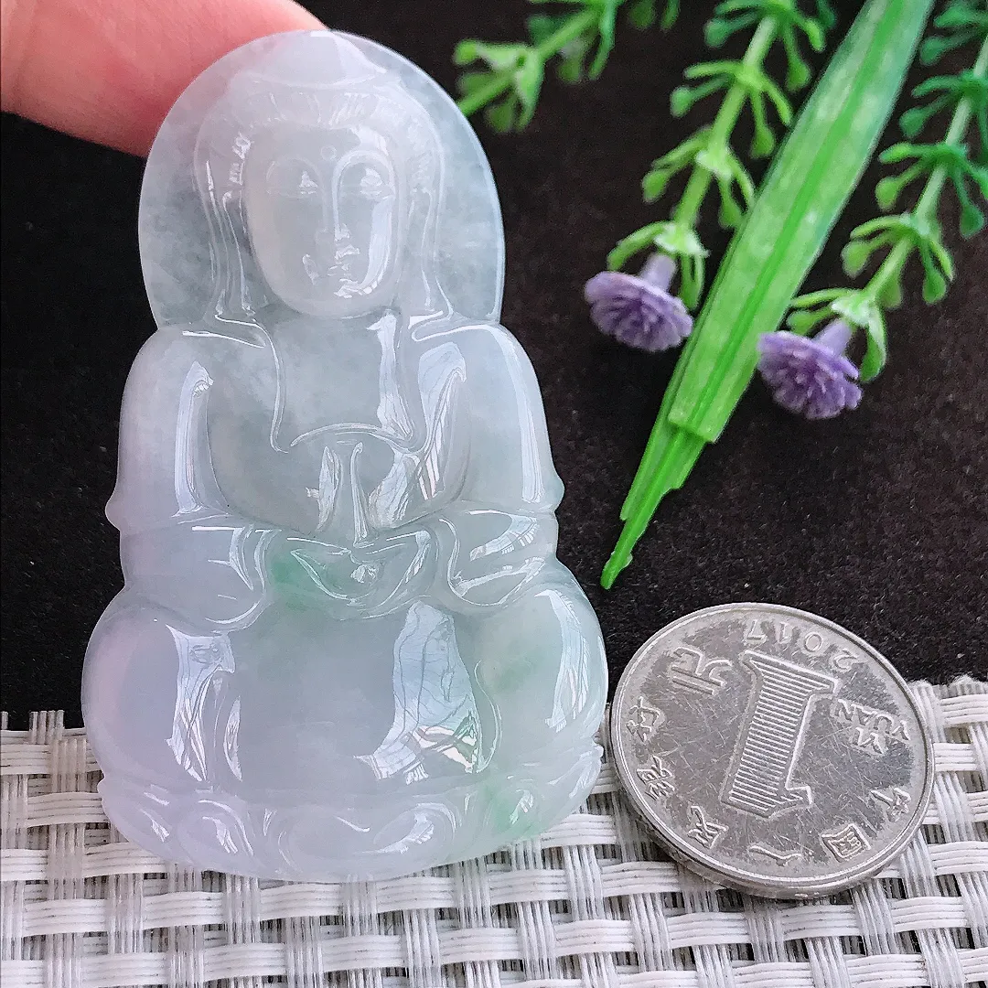 天然a货翡翠63/38/5.8老坑冰润起胶正装观音吊坠翡翠玉坠挂件百搭